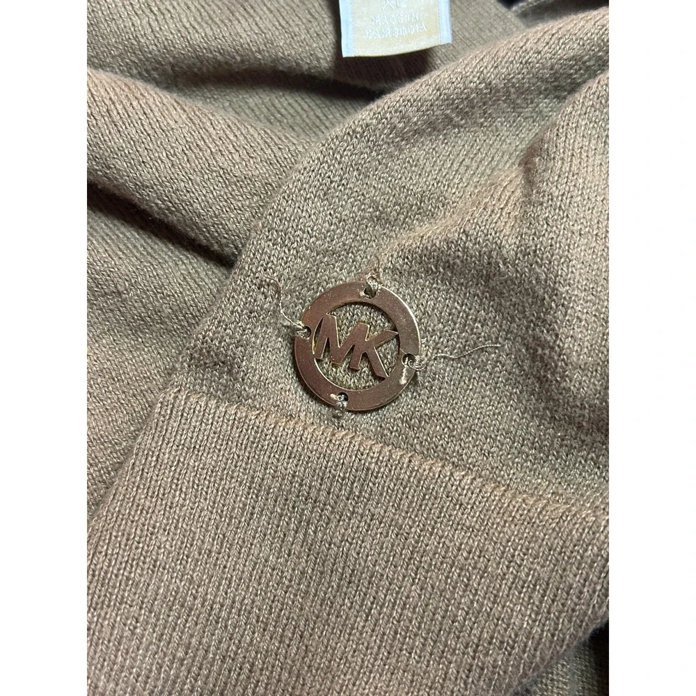 Michael Kors Polo Sweater Women XL Brown Excellent V-Neck Knit Logo Charm